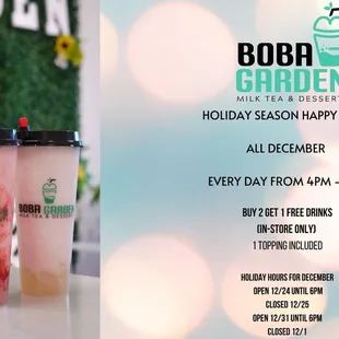 HOLIDAY SEASON HAPPY HOUR! ALL DECEMBER EVERYDAY FROM 4P-7P BUY 2 GET 1 FREE DRINKS