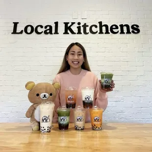 Hong Kong Milk Tea, Jasmine Green, Matcha Latte, Strawberry Fields, Strawberry Jasmine Fresca, Strawberry Matcha Latte, and Thai Tea