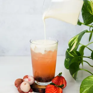 Pastel Paradise Cloud, lychee and strawberry fresca topped with our light, creamy cloud.