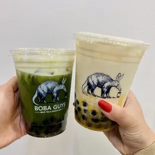 Peppermint Matcha Cloud with Boba and Caramel Kiss with Boba (Oat Milk)