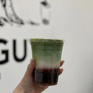 Signature drink - strawberry matcha with oat milk 16 oz with boba ($5.90)