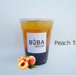 Peach Tea with Boba On the choices of base Tea: Black Tea OR Jasmine Green Tea