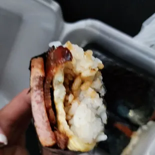 Spam bacon and egg musubi