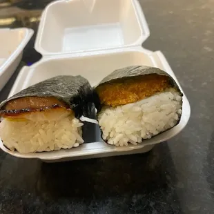 Spam and Candy Bacon Musubi and spam Chicken Katsu Musubi