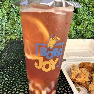 Strawberry greentea and popcorn chicken with rice