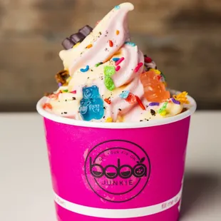 Strawberry froyo with rainbow sprinkles and gummy bears