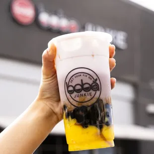 Taro au lait with boba and egg pudding