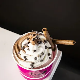 Vanilla and chocolate swirl with chocolate chips and waffle straws