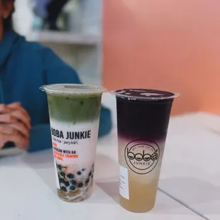 Strawberry matcha latte w/ aloe vera / $8.05 + Butterfly pea flower lemonade / $6.50