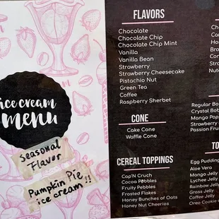 Ice cream menu