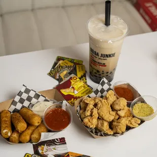 Popcorn Chicken bites, Mozzarella cheese sticks, with Boba drink and games at Boba Junkie