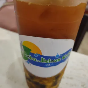 Mango black tea with boba 25% sugar and mango pieces. Got to hang out with my Yelp bestie Diva!
