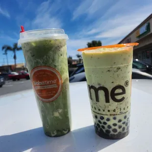 Left to right: One size Matcha, Oreo Latte Frap? (It was in the "new menu" section), and Large size pistaticho frap with boba.
