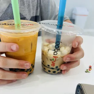 Thai tea and toasted marshmallow boba tea. There were real toasted marshmallows on top!