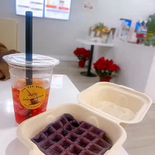 Ube Waffle and tropical fruit tea