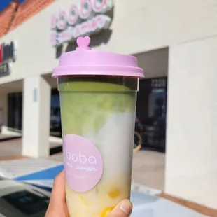 Mango Matcha Latte with Egg Pudding