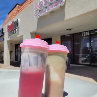 Watermelon Milk with Herbal Jelly &amp; Matcha Taro Latte :D~
