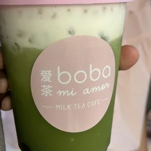 Seasonal St Patrick&apos;s day green Thai milk tea with boba, cheese foam, and lucky charms!