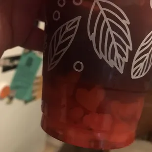 Strawberry heart jelly in my Thai tea makes me happy