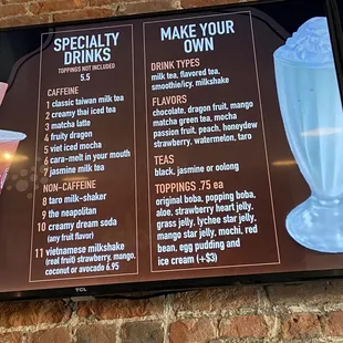 Menu as of August 2021. Specialty drinks / create your own drinks