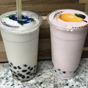 Smoothies #11 (milk tea) #1 (strawberry) with boba (tapioca balls) added