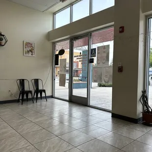 the entrance to a restaurant