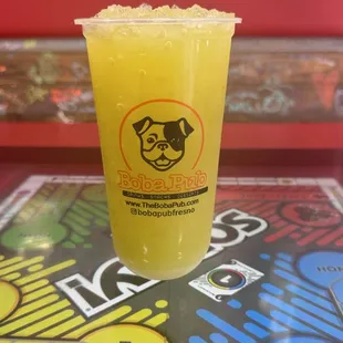 Cold pressed sugar cane juice .