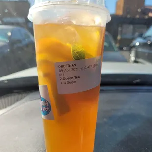 a plastic cup of iced tea
