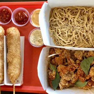 Garlic Noodles, Korean Hot Dogs, Popcorn Chicken