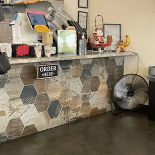 a counter and a fan