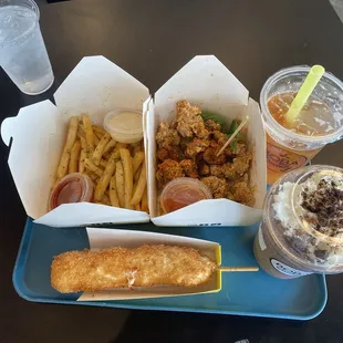 Cookies n cream blended, thai popcorn chicken, korean corn dog (mozzarella)