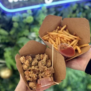 Popcorn chicken and French fries