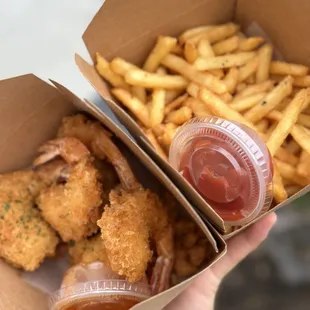 Popcorn shrimp and French fries
