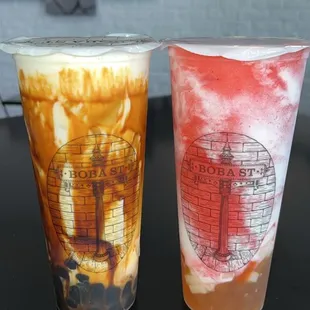 Creme brulee brown sugar with brown sugar boba &amp; strawberry swirl with golden boba &amp; fruit jelly