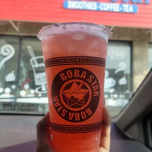 Strawberry lemonade with strawberry popping boba