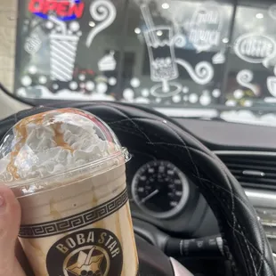 Caramel latte with boba caramel drizzle and whip cream