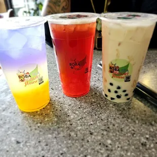 Lychee butterfly juice, watermelon black tea n jasmine green milk tea
