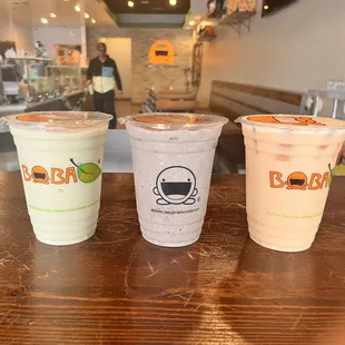 Left to right: avocado smoothie, Oreo, and rose tea.