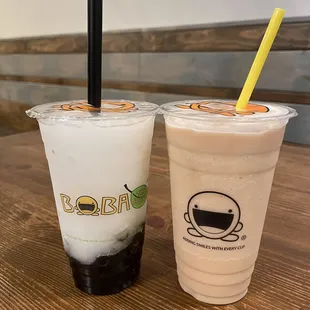 Left: lychee slushy w/ boba Right: royal milk tea slushy