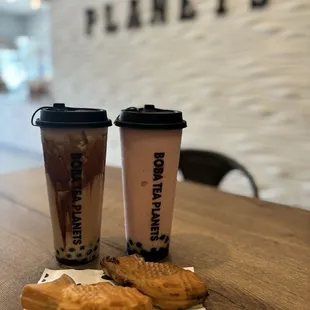 Brown Sugar Milk Tea and Strawberry Meets Coconut Smoothie with a red bean and chocolate Taiyaki!