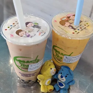 two cups of boba tea and a teddy bear