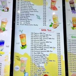 Slushies and Milk Tea Drink Menu