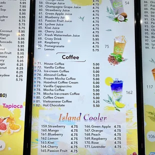 Juice, coffee, and island cooler drink menu