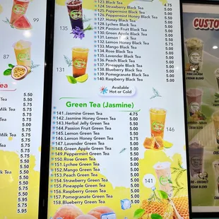 Black Tea and Green Tea Drink Menu