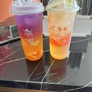 Galaxy Tea with rainbow jelly &amp; pineapple lemonade with strawberry popping boba