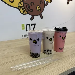 Taro boba slush, Strawberry slush, and milk tea slush