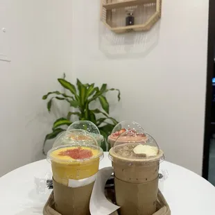 pandan, strawberry, mango and boba milk tea