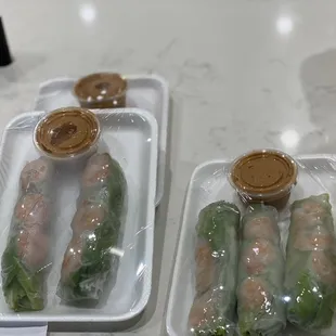 Shrimp spring rolls being displayed in the counter - not temp controlled.