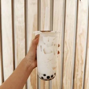 Jasmine milk tea with boba &amp; oat milk