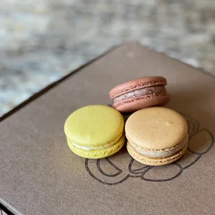 Vietnamese coffee, chocolate hazelnut, and durian macarons